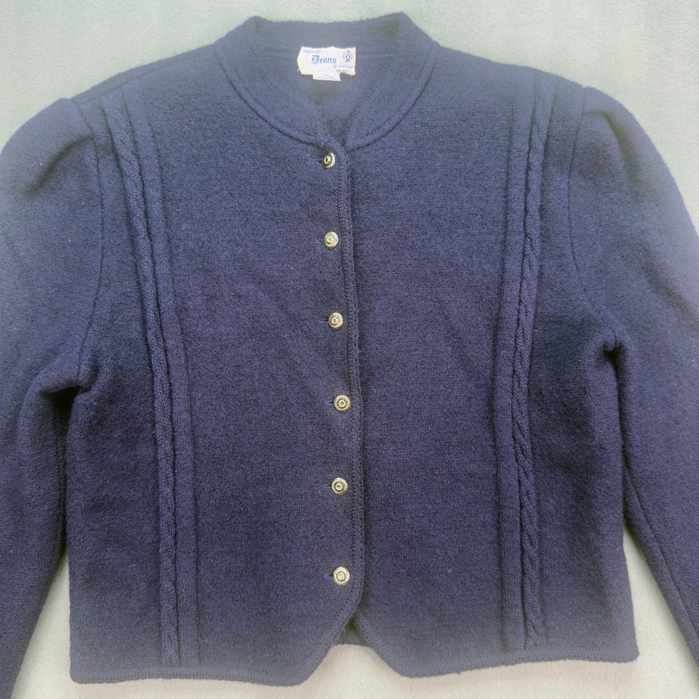 Deans of Scotland Navy Blue Wool Cardigan Sweater Size Large Puff Sleeve Vintage - Picture 2 of 10
